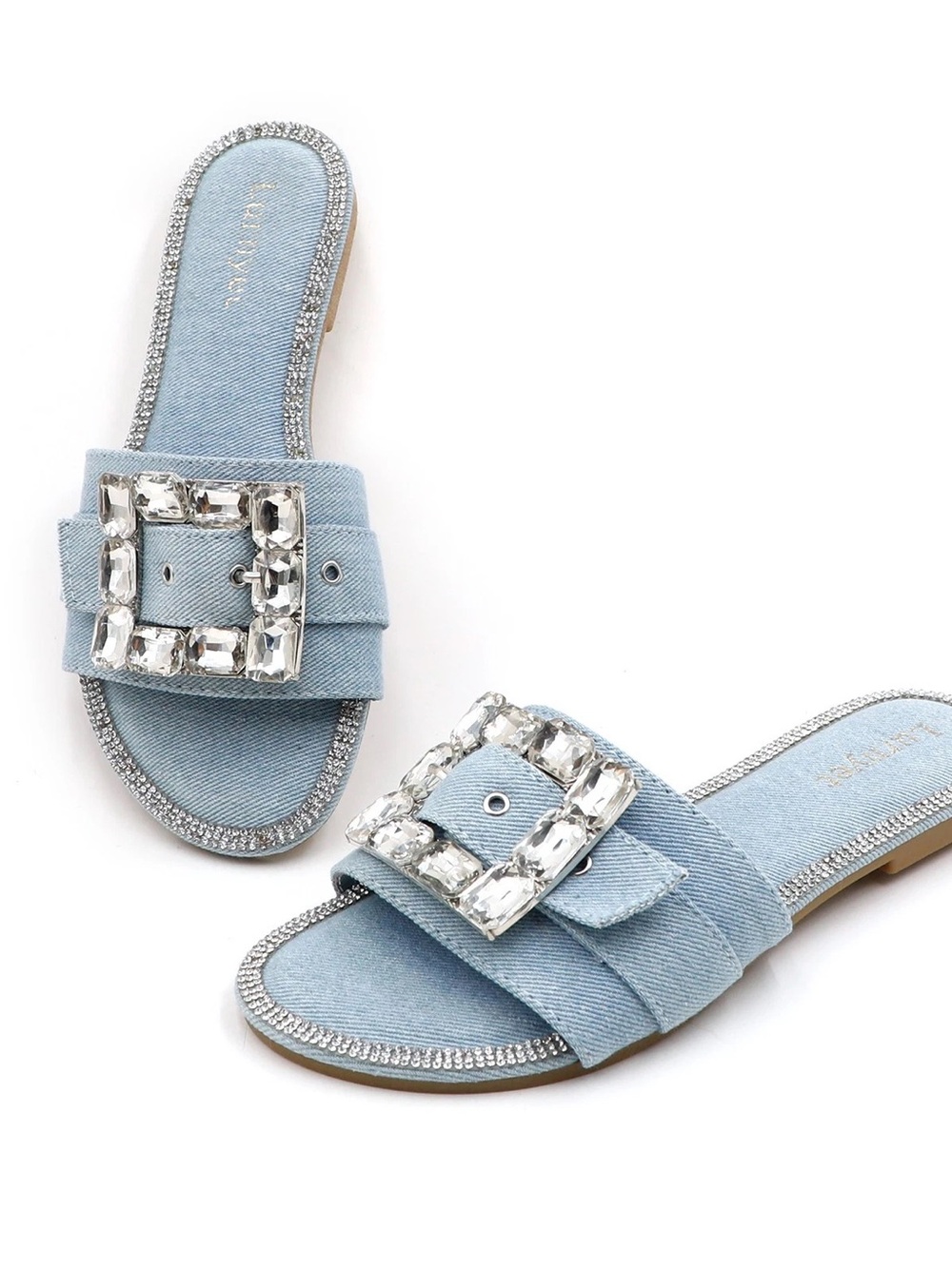 Light Blue Denim Slide Sandals with Crystal Buckle
